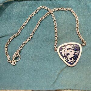 Vintage Mexican Sterling Silver Dragon Necklace 925 TL-119 Blue Inlay Pendant 16